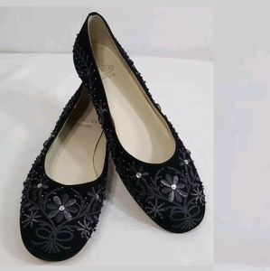 Circa Joan & David Black Beaded Floral Evening Flats Shoes Womens 5.5 M Leather